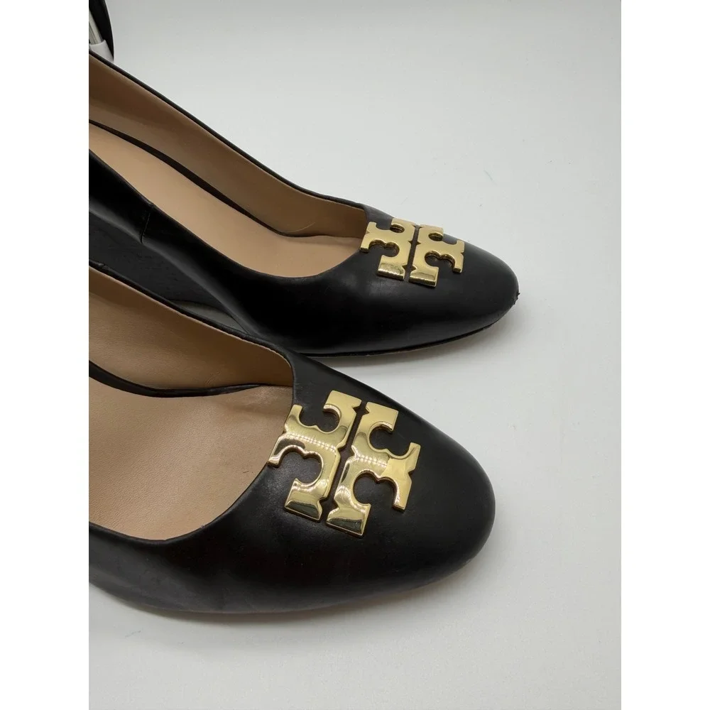 Tory Burch Sally Wedge Heel Black Size 9 Gold Logo